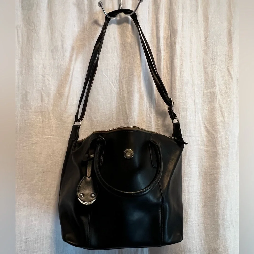 Emma and Sophia black leather satchel tote purse. With strap.